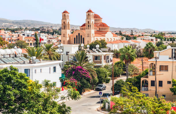 View of Paphos with the Orthodox Cathedral of Agio Anargyroi, Cyprus. Picture taken in Paphos, Cyprus. republic of cyprus photos stock pictures, royalty-free photos & images