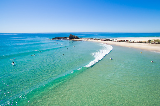 An aerial view of Currumbin on a perfect day on Queensland's Gold Coast in Australia