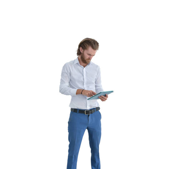 istock Stressed western businessman using a tablet isolated on white 901792716