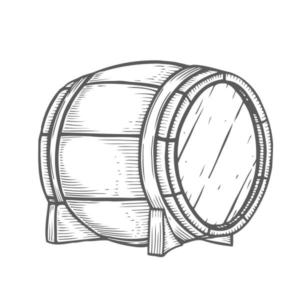 Hand drawn Wooden barrel Hand drawn Wooden craft beer, whiskey, wine alcohol barrel. Black vintage engraved vector illustration. Craft container sketch. Wooden cylindrical container for liquid oxalis acetosella flowers stock illustrations