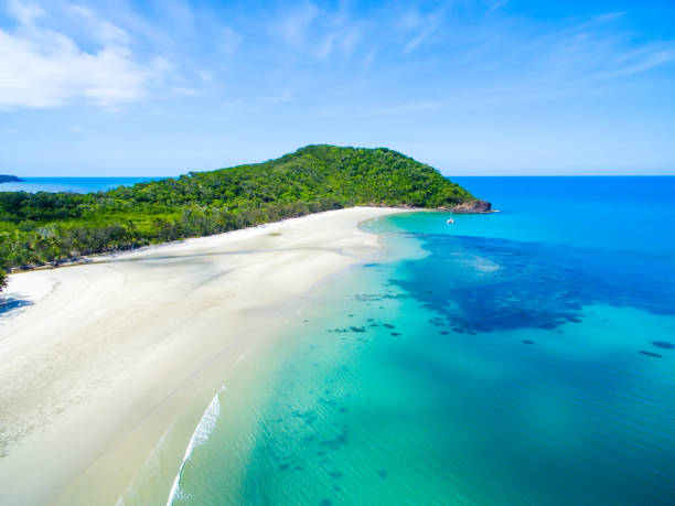 An aerial view of Cape Tribulation in North Queensland, Australia Myall Beach at Cape Tribulation one of North Queensland's popular tourist locations in Australia cairns australia photos stock pictures, royalty-free photos & images