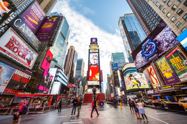 Times square 7th av new york manhattan midtown advertising america pedestrians New York, United States - October 6, 2017: Times Square with 7th avenue and broadway street in the morning. Midtown Manhattan. New York broadway manhattan stock pictures, royalty-free photos & images