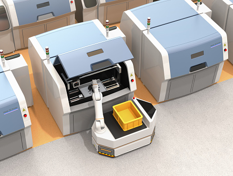 AGV (Automatic guided vehicle) picking parts from metal 3D printer. Smart factory concept  3D rendering image.