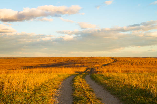 путь в прерии вах'кон-тах - autumn landscape usa country road стоковые фото и изображения