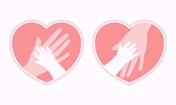 Mother holding baby hand in heart shaped symbol Big hand of mother holding small hand of baby inside heart shaped symbol and frame icon, sign or symbol nurse borders stock illustrations