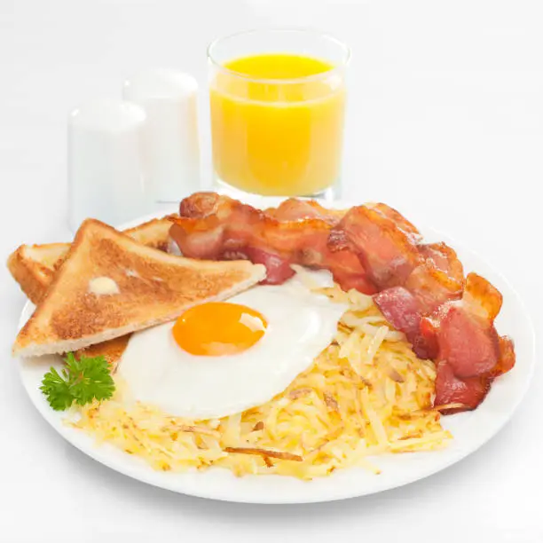 Cooked breakfast of hash brown potatoes, crisp bacon, fried egg and buttered toast, ioth a glass of orange juice, on a blue background.
