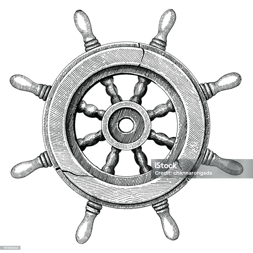 Old steering wheel ship hand drawing vintage style Helm - Nautical Vessel Part stock vector