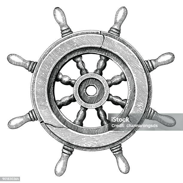 Old Steering Wheel Ship Hand Drawing Vintage Style Stock Illustration - Download Image Now - Helm - Nautical Vessel Part, Ship, Pirate - Criminal