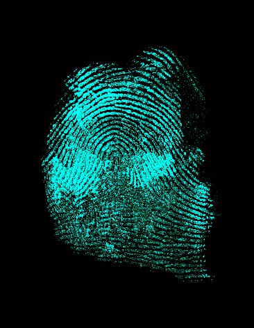 Fingerprint with ultraviolet lamp. Blue identification symbol on black background.