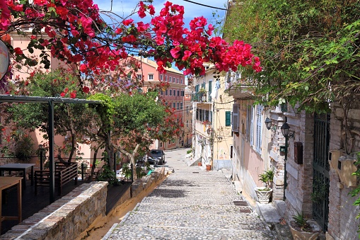 Corfu Old Town (Kerkyra) - UNESCO World Heritage Site in Greece. Quaint street.