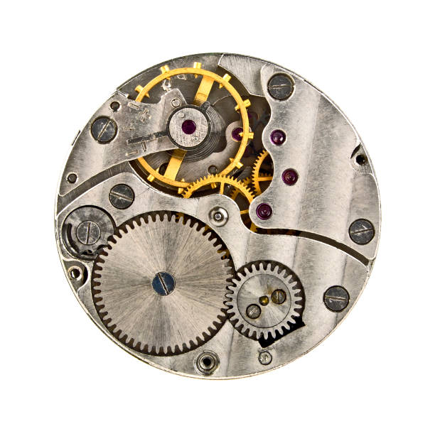 istock Clock mechanism with gears isolated on white background, close up 901850186