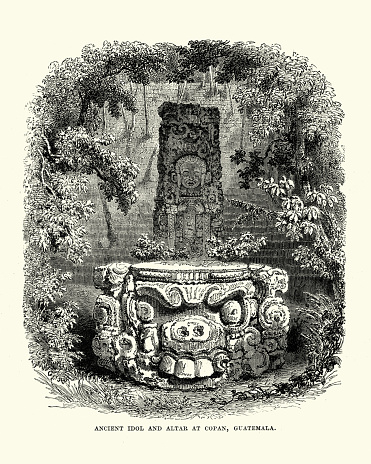 Vintage engraving of Maya Ancient Idol and Altar at Copan, Guatemala