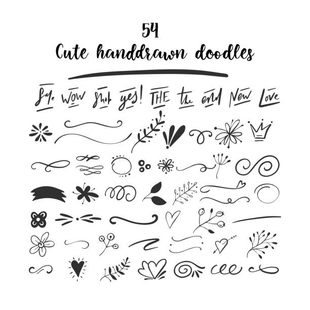 Handdrawn vector doodles Handdrawn vector doodle set. Floral elements, swashes, lines, short text messages bunch of flowers images pictures stock illustrations