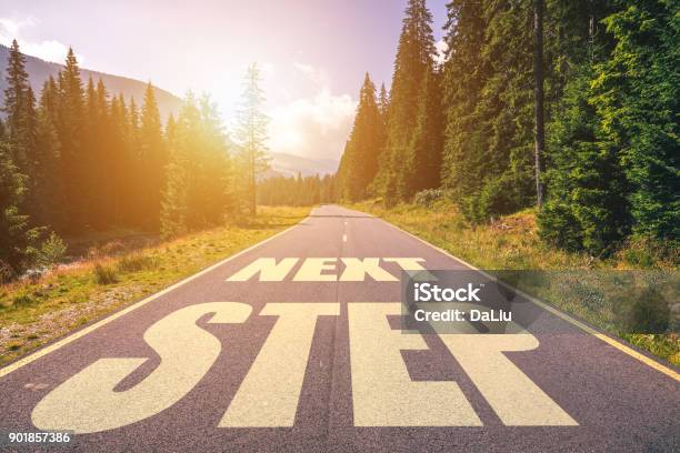 Road Concept Next Step Written On The Road In The Mountains Stock Photo - Download Image Now