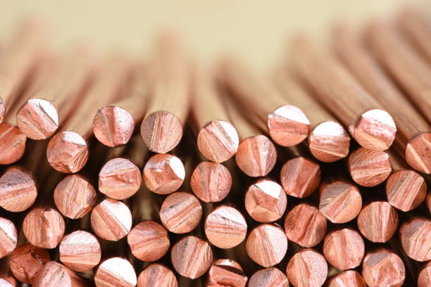 Copper wire raw materials and metals industry and stock market Electrical power cable close-up with selective focusCopper wire raw materials and metals industry and stock market concept rebar production stock pictures, royalty-free photos & images
