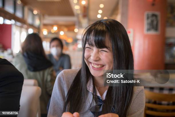 High School Student Girl Smiling In Cafe Stock Photo - Download Image Now - Japanese Ethnicity, Smiling, Female High School Student