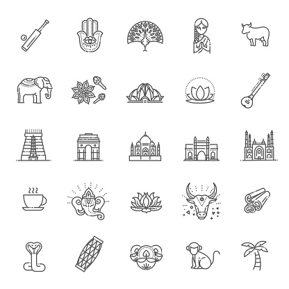 Outline black icons set in thin modern design style, flat line stroke vector symbols - India collection