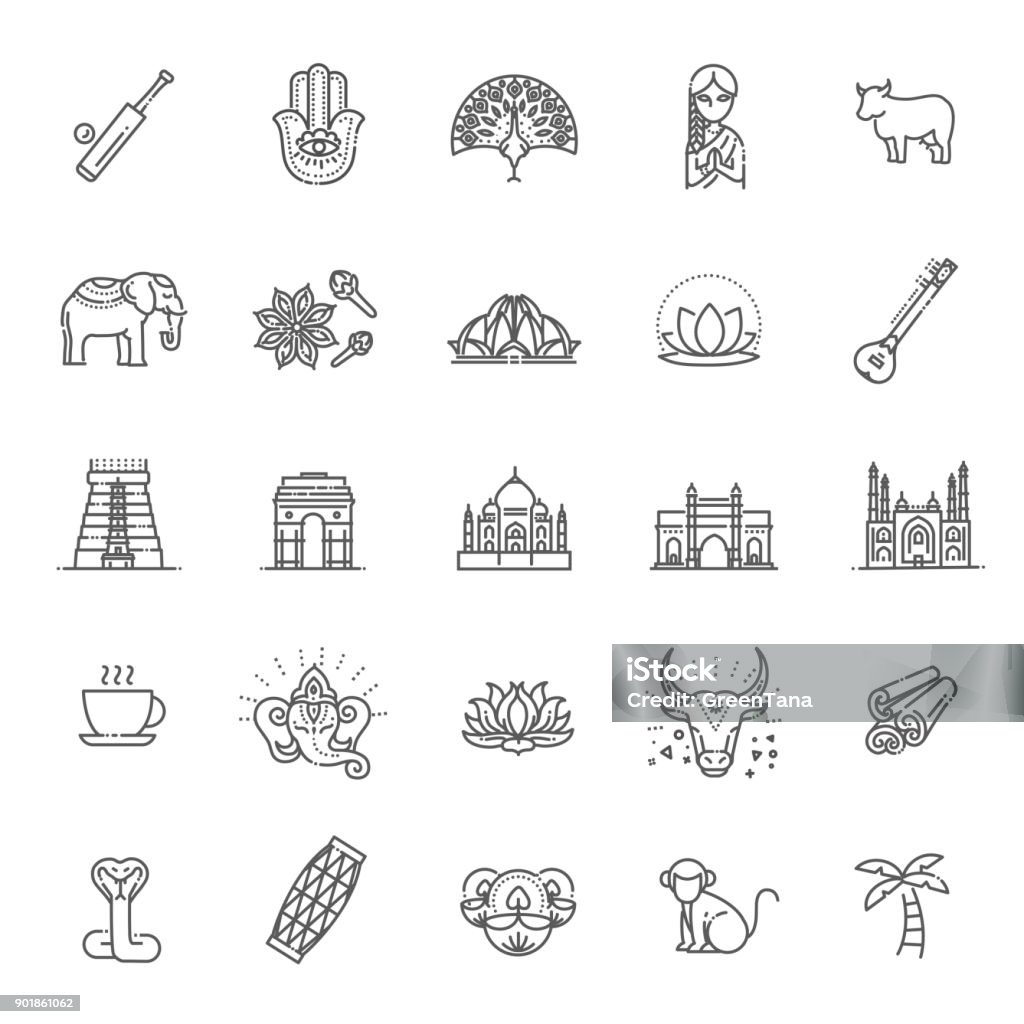 India icons set. Indian attractions, line design. Tourism in India, isolated vector illustration. Traditional symbols. Outline black icons set in thin modern design style, flat line stroke vector symbols - India collection India stock vector