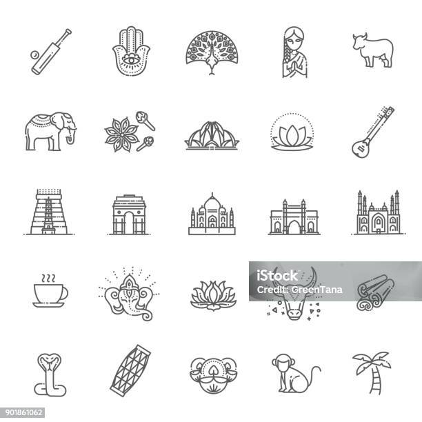 India Icons Set Indian Attractions Line Design Tourism In India Isolated Vector Illustration Traditional Symbols Stock Illustration - Download Image Now