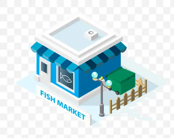 Vector illustration of Isometric High Quality City Element with 45 Degrees Shadows on Transparent Background . Fish Market
