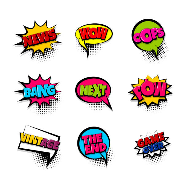 ilustrações de stock, clip art, desenhos animados e ícones de pop art comic text phrase set collection - bang