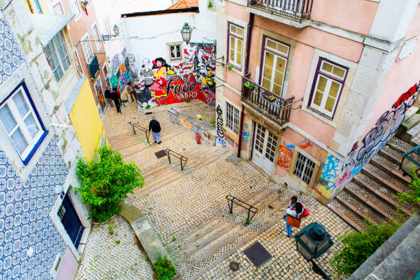 Lisbon, Portugal - 05 06 2016: narrow street and stairs of Lisbon in Alfama district stock photo