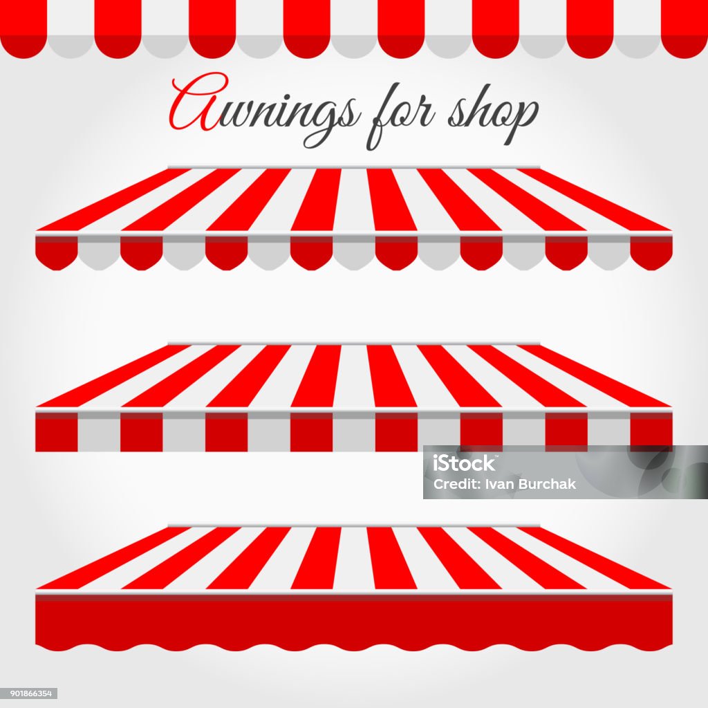Striped Awnings for Shop in Different Forms. Red and White Awning with Sample Text Striped Awnings for Shop in Different Forms. Red and White Awning with Sample Text. Awning stock vector