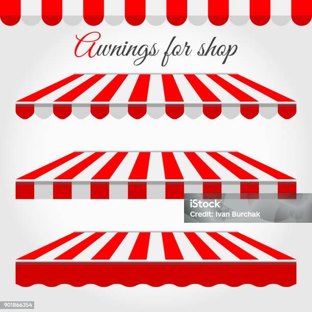 Striped Awnings For Shop In Different Forms Red And White Awning With Sample Text Stock Illustration - Download Image Now