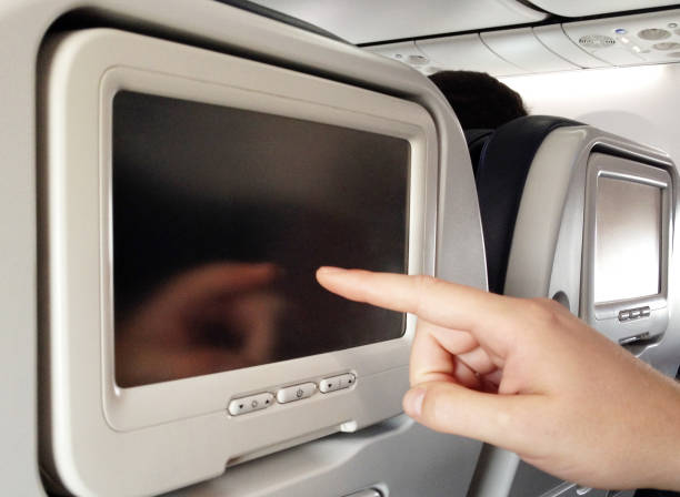 istock Male finger touching screen of infotainment system on the airplane 901866578