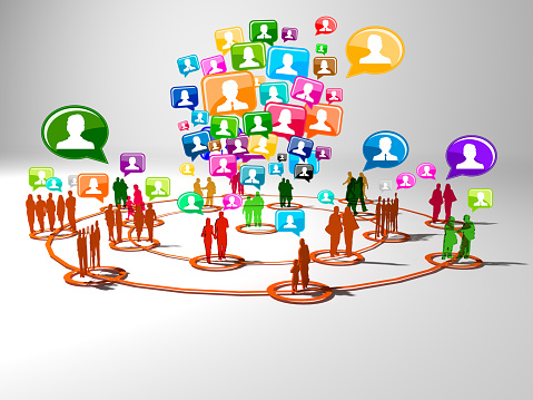 ocial network structure, Global network mesh, Group of people talking in social network,3d rendering.group of people talking in social network