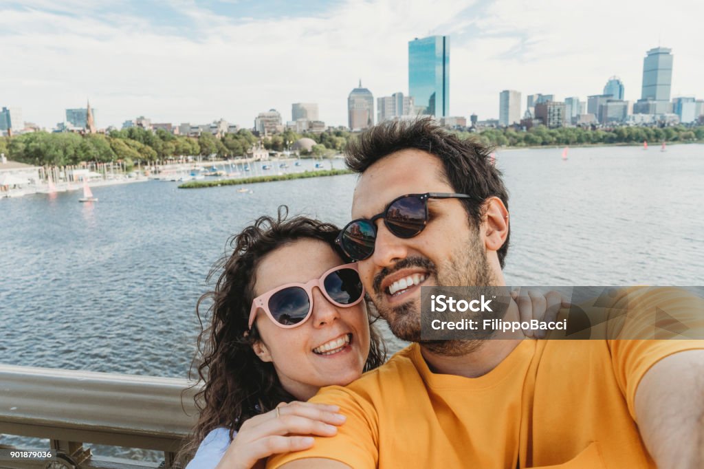 Selfie in Boston Young couple having a selfie in Boston Boston - Massachusetts Stock Photo