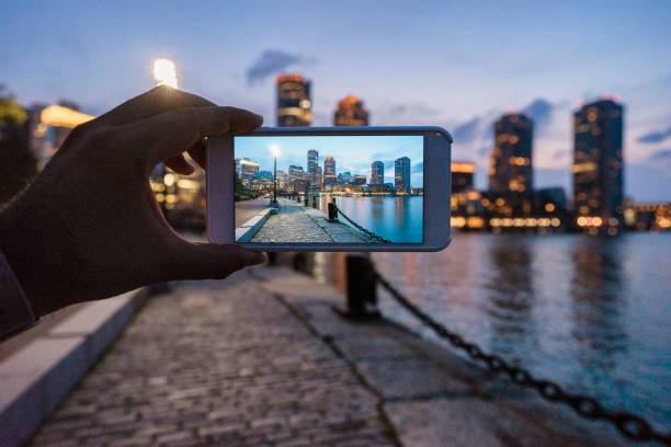 photographing boston skyline at sunset - boston sunset city bridge imagens e fotografias de stock