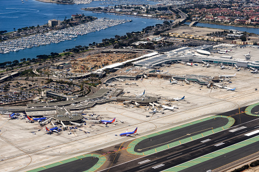 Helicopter point of view of San Diego International Airport, formerly known as Lindbergh Field, California, United States.