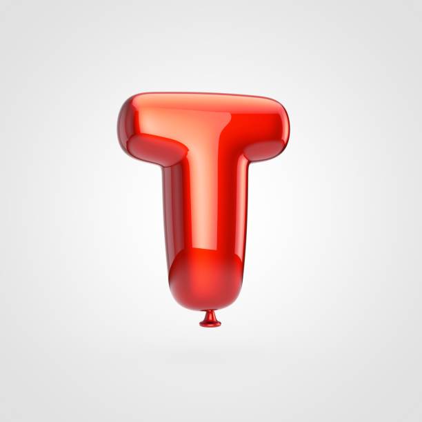Balloon letter T uppercase. 3D render of glossy red inflated font with glint isolated on white background.