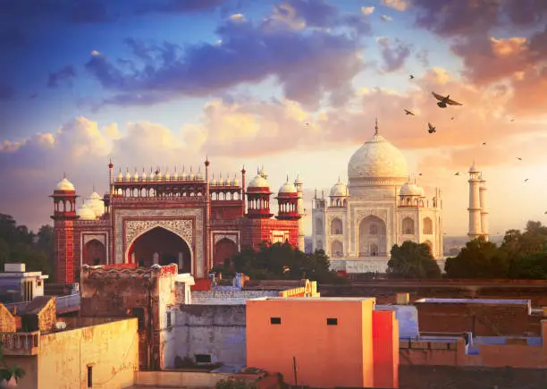 Taj Mahal in Agra town in sunset light