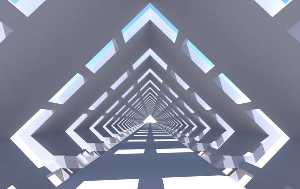 Rhomboid tunnel. Light at the end of the tunnel. Abstract architecture. 3D render in shades of blue. Perspective view. opening bridge stock pictures, royalty-free photos & images