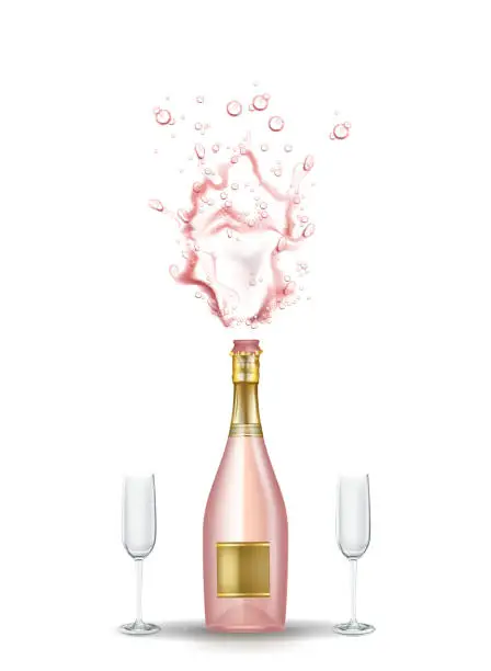 Vector illustration of vector realistic pink champagne explosion, glasses