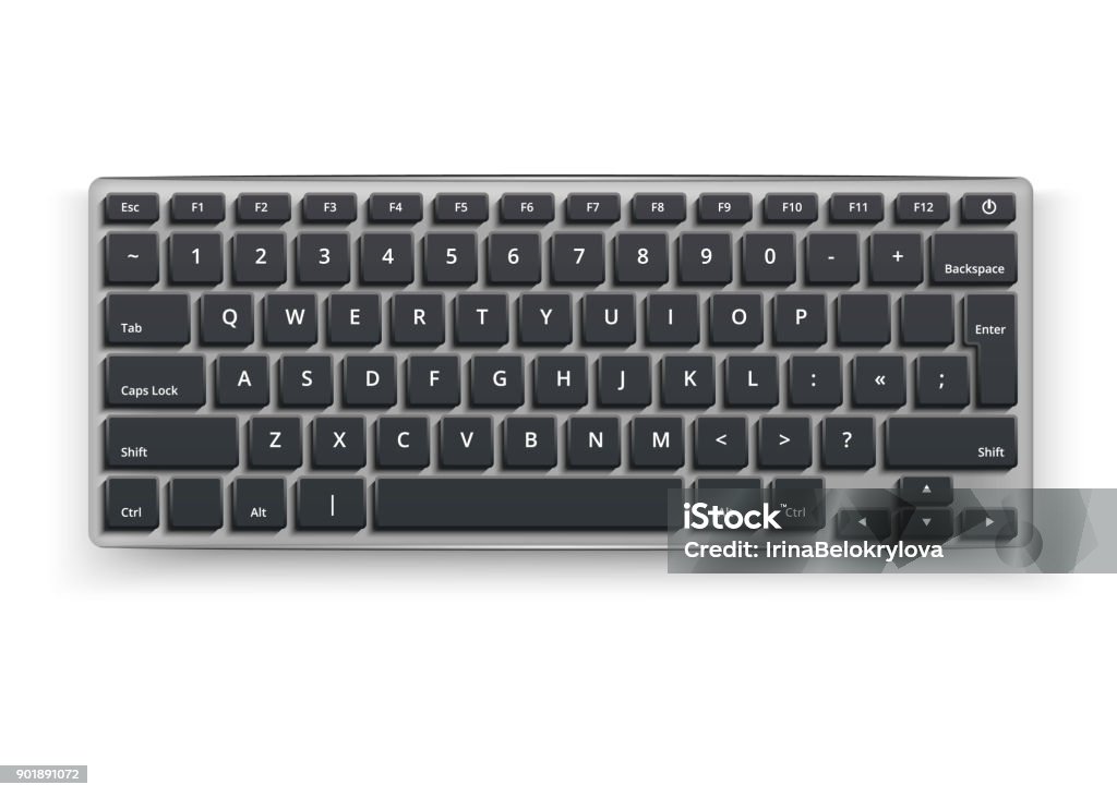 Vector realistic desktop keyboard mockup 3d black Vector realistic desktop keyboard mockup. 3d qwerty alphabet computer electronic device with black letter buttons on grey. Wireless modern plastic, aluminum tool on isolated white background Computer Keyboard stock vector