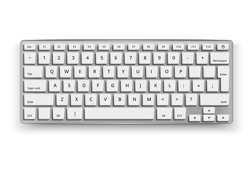 Vector realistic desktop keyboard mockup. 3d qwerty alphabet computer electronic device with white letter buttons on grey. Wireless modern plastic, aluminum tool on isolated white background