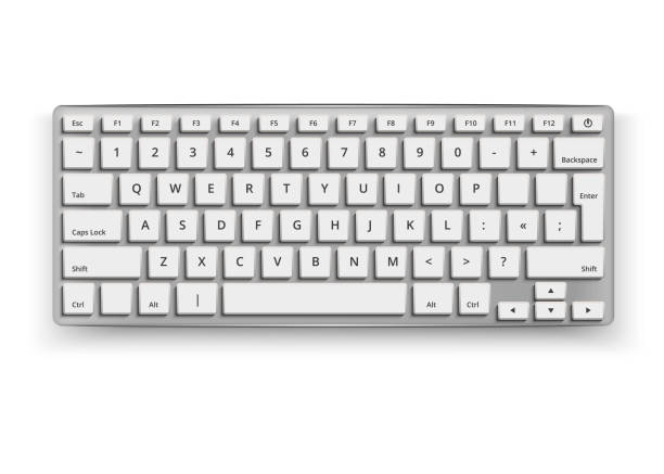 Vector realistic desktop keyboard mockup 3d black Vector realistic desktop keyboard mockup. 3d qwerty alphabet computer electronic device with white letter buttons on grey. Wireless modern plastic, aluminum tool on isolated white background aluminum sign mockup stock illustrations
