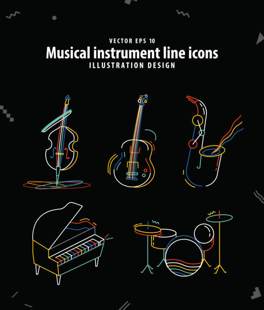 ilustraciones, imágenes clip art, dibujos animados e iconos de stock de instrumento musical línea iconos ilustración vector. concepto de la música. - baterias musicales