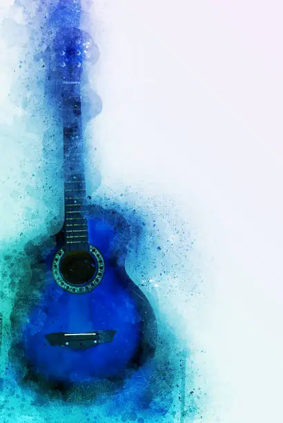 Photo of Abstract beautiful Guitar in the foreground, Watercolor painting background and Digital illustration brush to art.