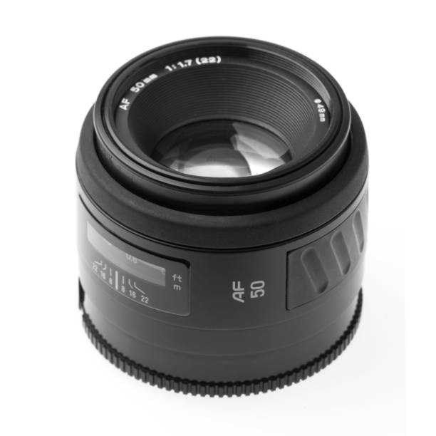 Fast 50mm prime lens on white background