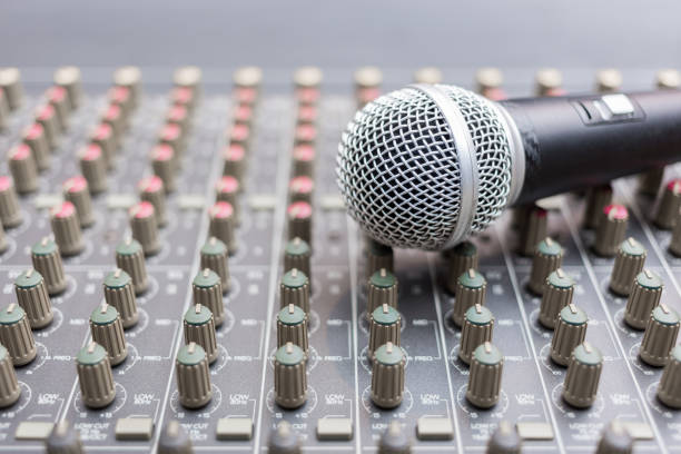 istock microphone on sound mixer, music background 901907340