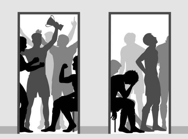 Sport winners and losers Editable vector illustration contrasting the victorious and defeated sports team changing rooms football locker room stock illustrations
