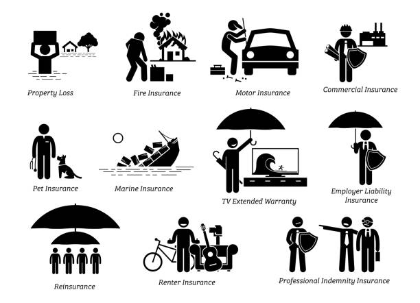 General Insurance Protection. Stick figures depicts general insurance for property loss, fire, motor, commercial, pet, marine, TV, employer liability, reinsurance, renter, and professional indemnity. sinking boat stock illustrations