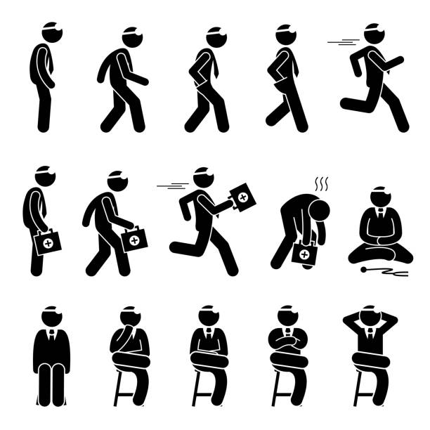 Basic Doctor Movements and Actions. Stick figure pictogram depicts a doctor standing, walking, running and sitting. The doctor is running fast carrying first aid kit representing emergency and urgent. thinking fast and slow stock illustrations
