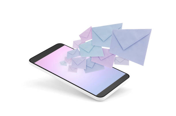 Smartphone with envelopes coming out of the screen on white background