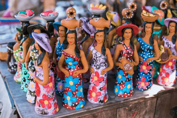 Ceramics and wood art concept. Handcrafts produced by the natives of the city of Olinda, typical of the northeast Brazilian people in Pernambuco, Brazil.