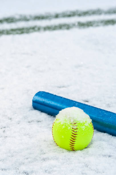 um softball amarelo e bastão de alumínio azul sentado na neve - softball playing field fluorescent team sport - fotografias e filmes do acervo